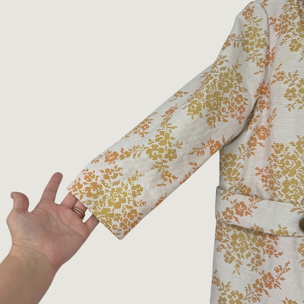 Vintage 60s Floral Brocade Mid Length Coat Orange Yellow Peter Pan Collar Mod - Picture 4 of 5